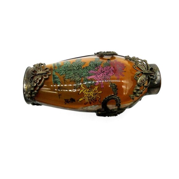 Vintage Chinese Glass SNUFF BOTTLE Floral Design and Metal Overlay 3 Inch Tall - Picture 7 of 10